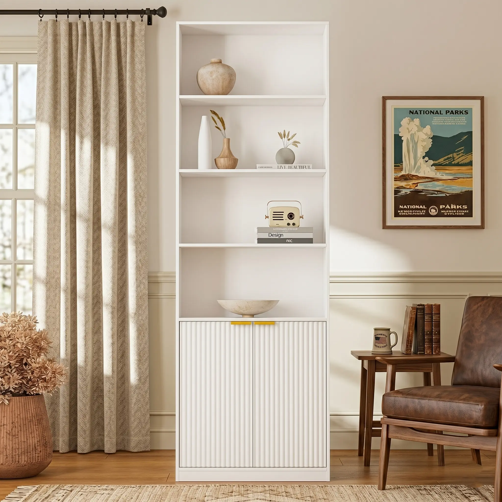 69" Tall Bookshelf with Fluted Doors, 6-Tier Modern Bookcase and Storage Cabinet, Display Shelves with Anti-Tip Kit for Living Room, Bedroom, and Home Office Decor