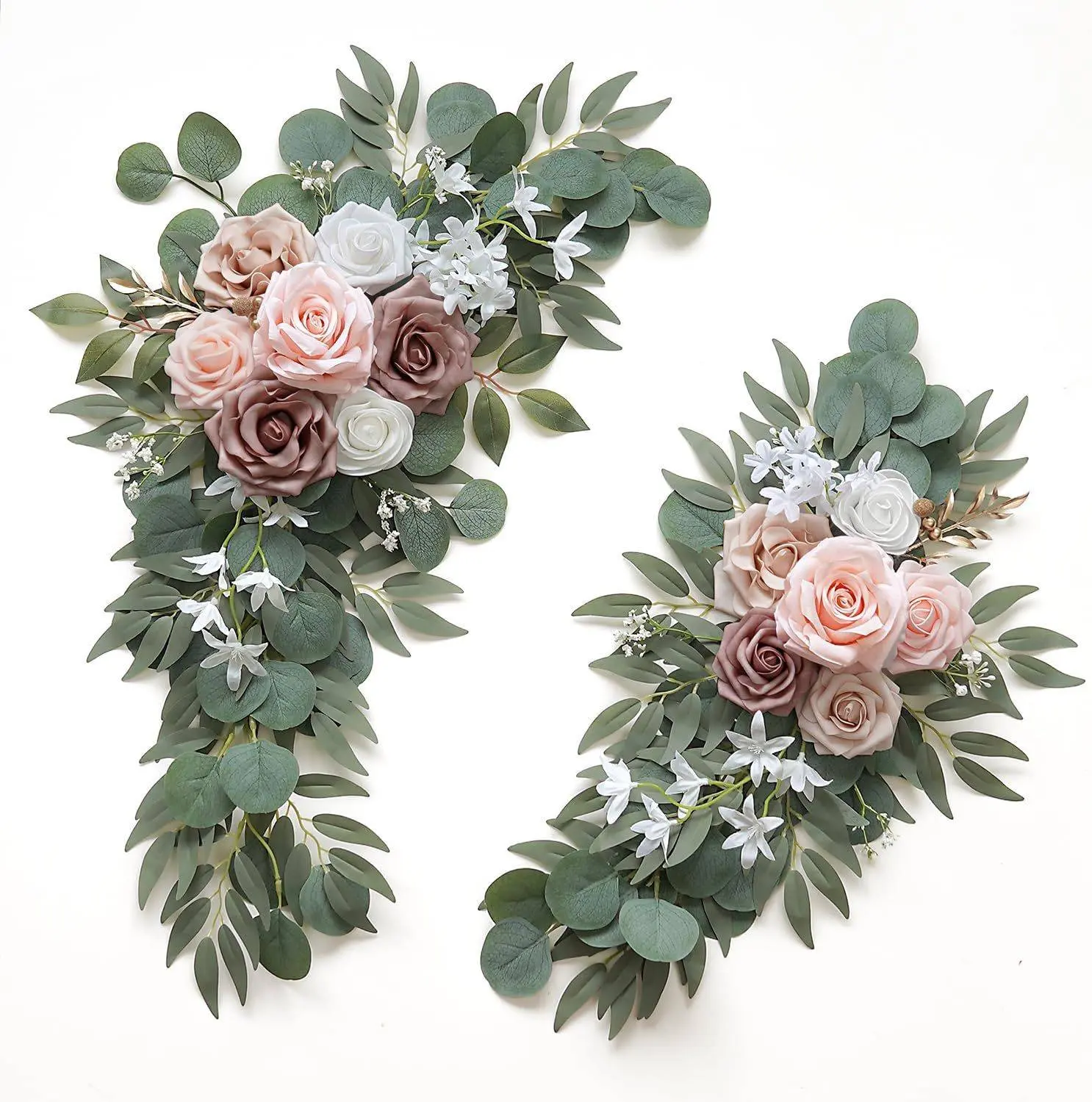 Handcrafted Iron Artificial Floral Garland Set - Decorative Wedding Arch Kit with 2×180cm Eucalyptus Greenery Garlands, 2 White Rose Swags, Lightweight Plastic Silk Flowers, 70in Floral Mix for Wedding Ceremony, Bridal Shower Decor, Fireplace Mantel