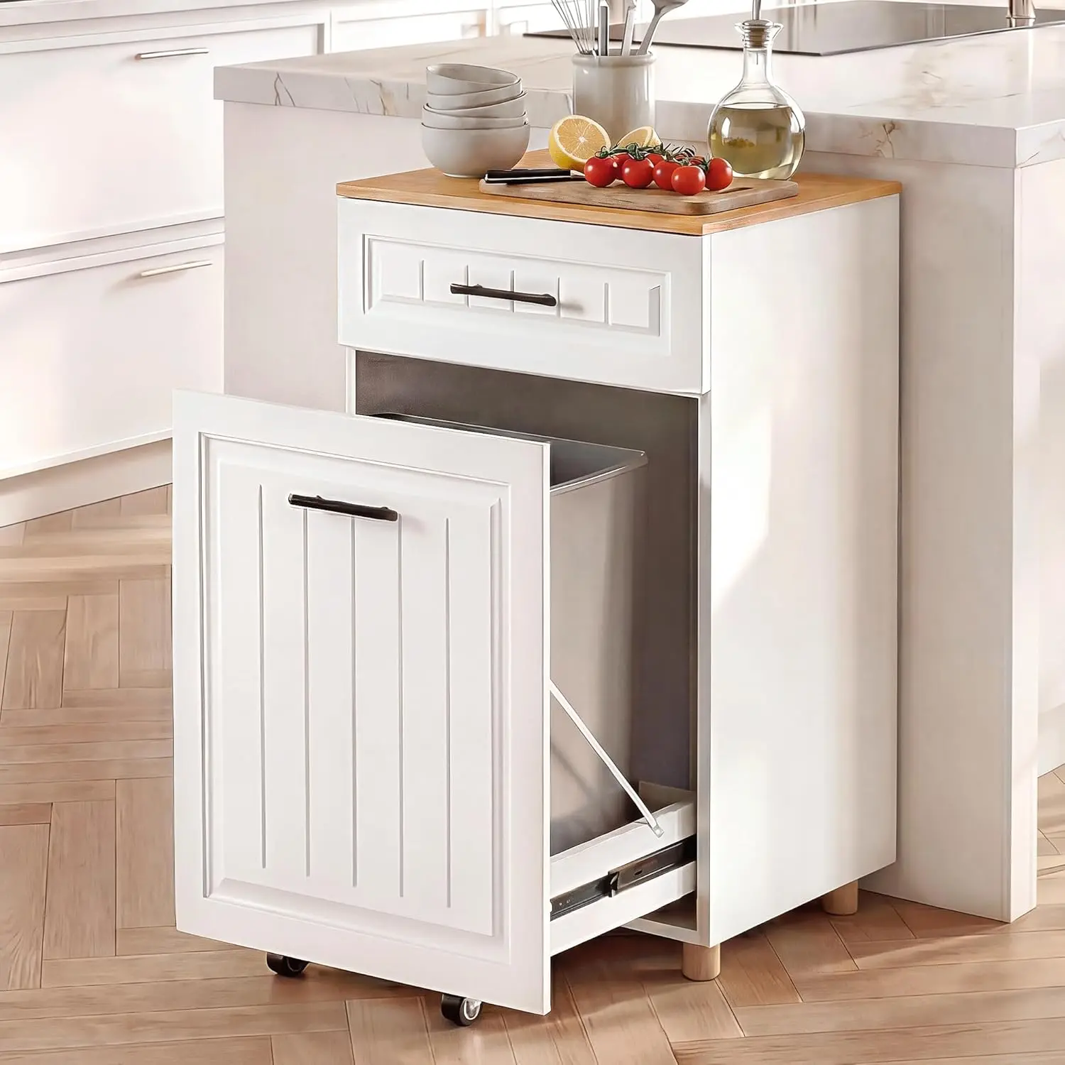 13 Gallon Pull Out Trash Can Cabinet, Pet Proof Freestanding Kitchen Trash Bin Cabinet with Hideaway Drawer, Wooden Garbage Recycling & Laundry Hamper for Kitchen, Laundry, Living Room, White