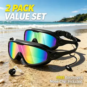 2-Pack Adult Swim Glasses Set | Free Earplugs & Nose Clip, Anti-Fog Leakproof 180° Full Coverage Silicone Goggles for Beach Snorkeling & Pool Workout