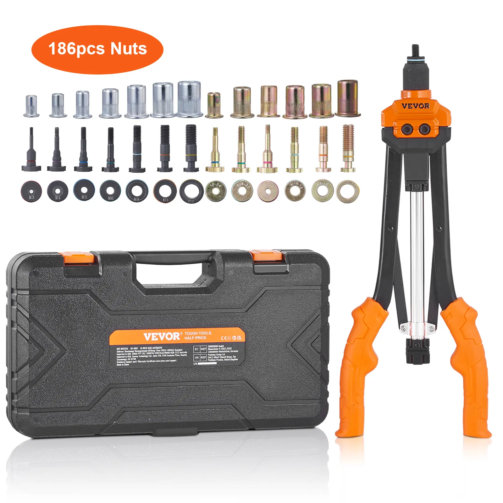 【summerfinds】VEVOR Rivet Nut Tool, Various specifications, 16 inch Rivnut Tool Kit with 13PCS Metric and SAE Mandrels, 186PCS Rivet Nuts, Semi-auto Retraction, M3, M4, M5, M6, M8, M10, M12, 1/4-20, 5/16-18, 3/8-16, 1/2-13, 8-32, 10-24,father'sdaygifts