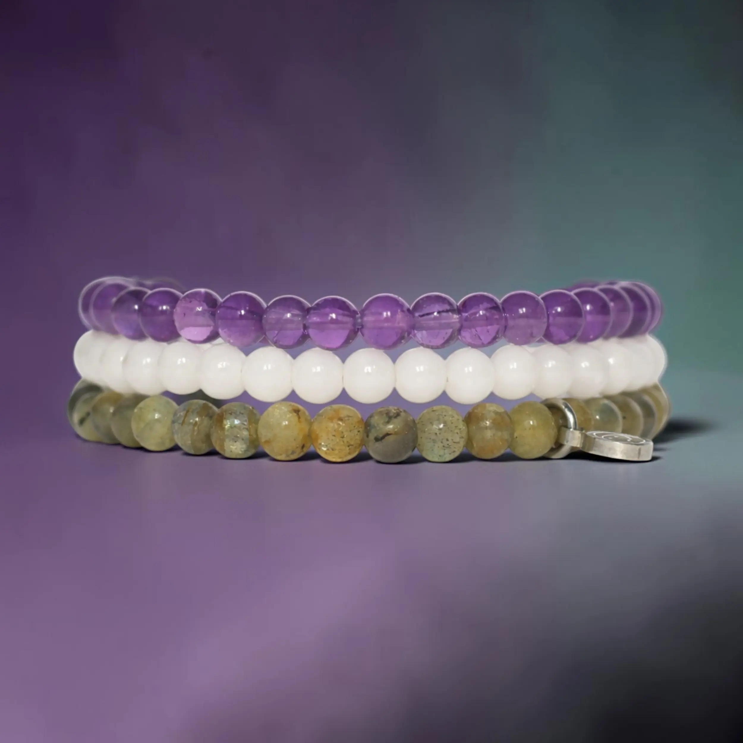 Women's Divine Feminine Crystal Jewelry Bracelet Pack - 3-Piece Set with 4mm Amethyst, Labradorite, Moonstone Beads, Sterling Silver Otter Spirit Charm for Intuition & Feminine Energy