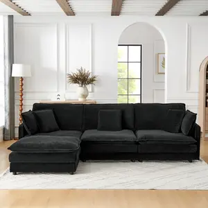 L-Shaped Modular Sectional Sofa Convertible Oversized 4 Seater Cloud Couch with Ottoman, Corner Sofas Comfy Couches for Living Room Spacious Space Office Lounge, Black