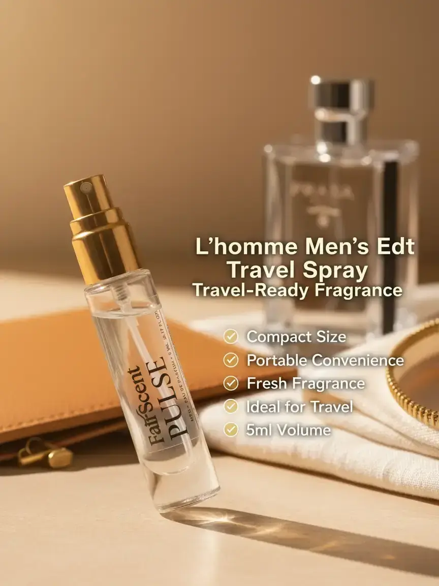 FairScent Pulse L'Homme Men's Floral EDT Spray - 5ml/0.17oz Mini Portable Pocket Travel Atomizer, Adult Male Use Single Item, Neroli Mandarin Fruity Floral Fragrance with Amber Wood Fresh Notes, Authentic New York Masculine Perfume