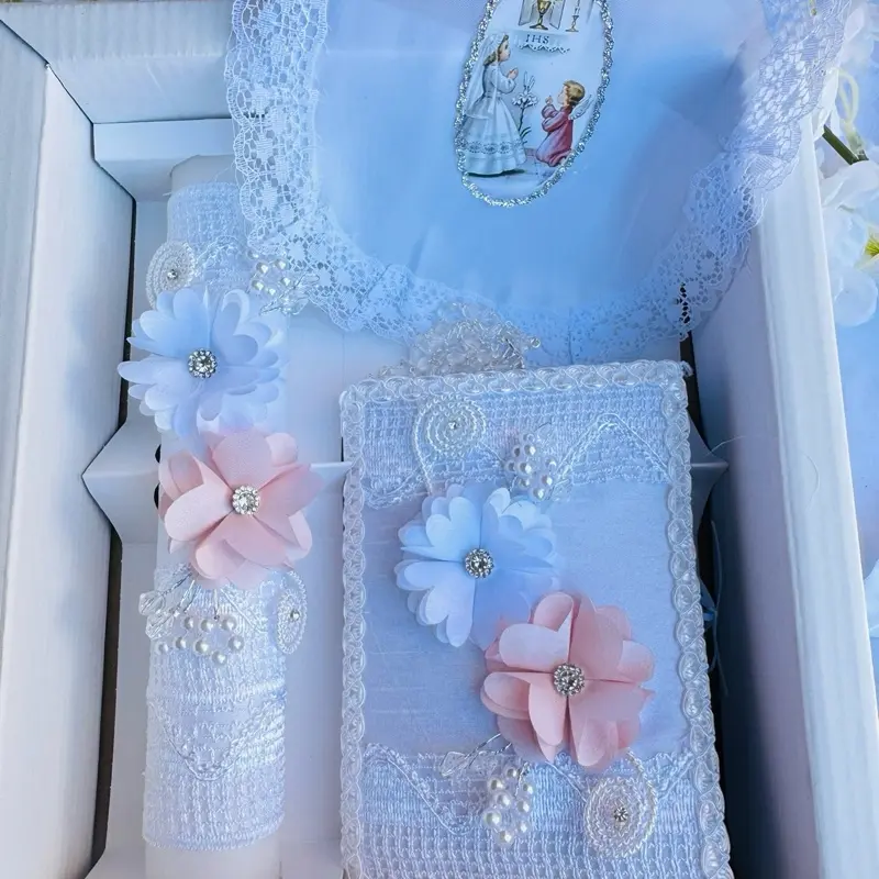 Boys' Traditional First Communion Gift Set Box - 8in Candle, Rosary, New Testament, Decorative Elements, Festive Party Supplies (Home & Cake Decoration Compatible)