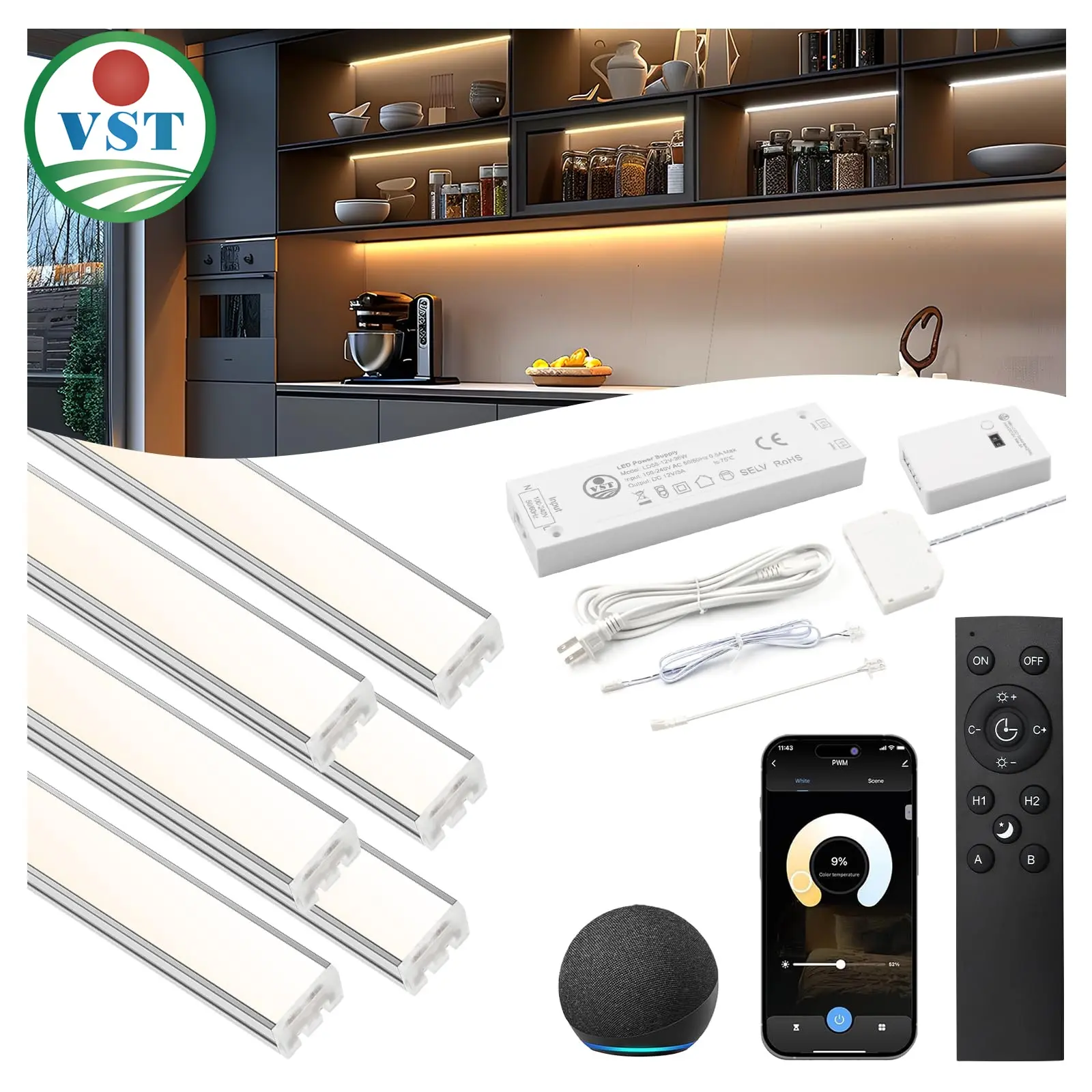 VST Smart Under Cabinet Lighting 6 Bars - UL Listed CRI 93+ Adjustable COB Strip Lights, Alexa & Google Home Compatible, App/Voice/Hand Wave Control for Kitchen Cabinets & Closets