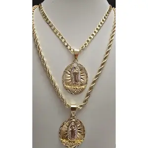New Style 14k Gold Plated Virgencita Tri Color Pink Silver and Gold Cut Style Oval Pendant with Chain Cadena Virgen De Guadalupe