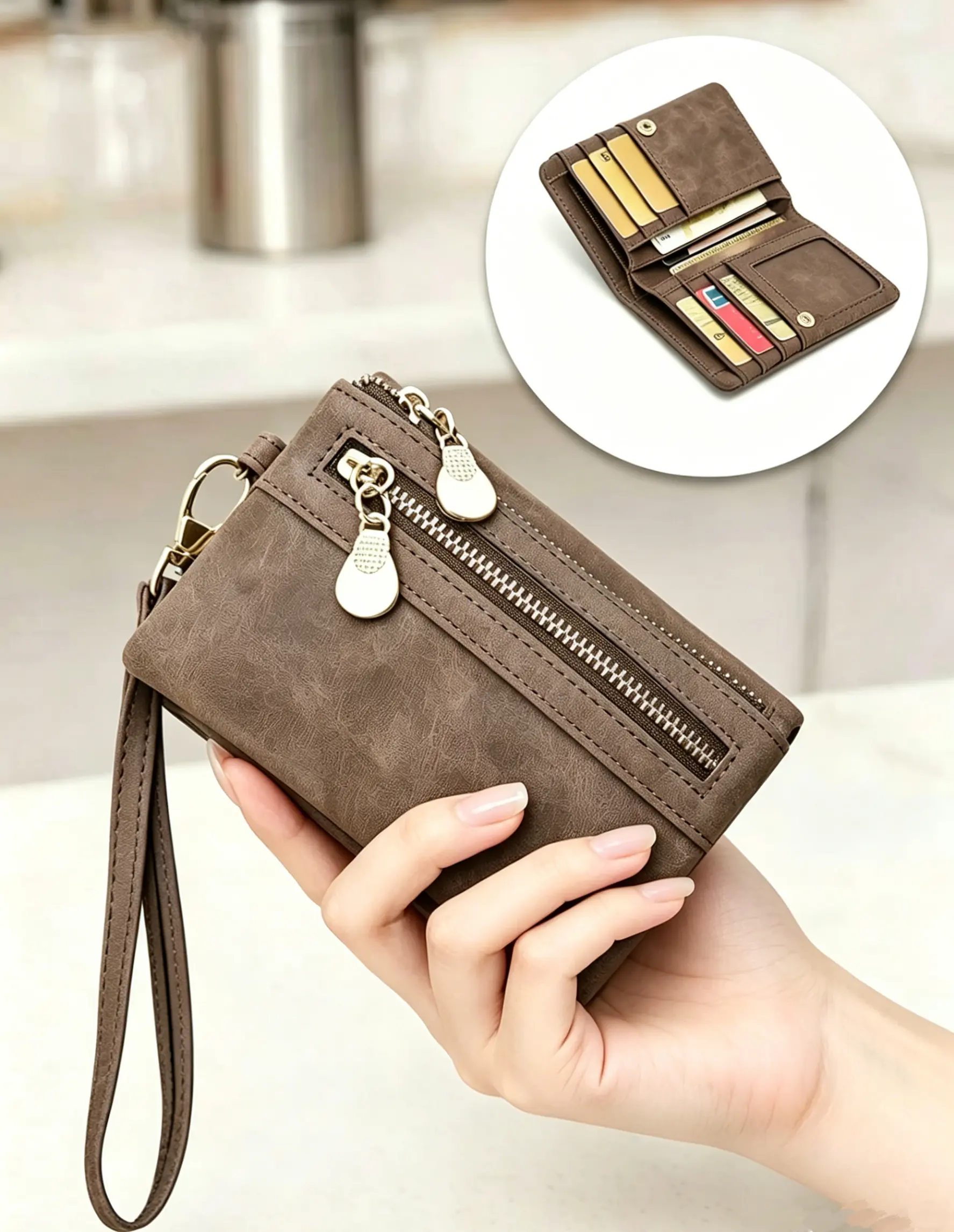 Double Zipper Women's Short Double Fold Wallet, Change Card Bag, Coin Pocket, Bill Storage Small Bag, Daily Portable Travel, With A simple Wrist Strap Handbag, Suitable For Travel, Christmas, Valentine's Day, Birthdays And Anniversaries, Perfect Gifts