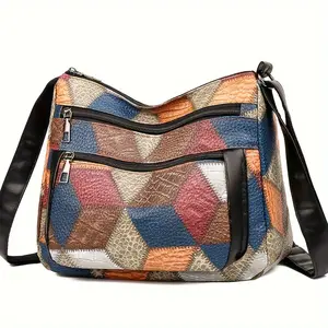 Chic Women's Large Capacity Patchwork Crossbody Bag - Fashionable Multi-Layer, Soft Faux Leather with Adjustable Strap & Tassel Detail
