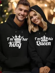 His/Her King/Queen Crown Print Couple Hoodie - Comfortable Couple Hoodie, Long-Sleeve Pullover Couple Hoodie, Perfect For Gifts And Holidays, Machine Washable. Only One Piece Is Ordered By Default; Please Purchase Multiple Pieces Separately.