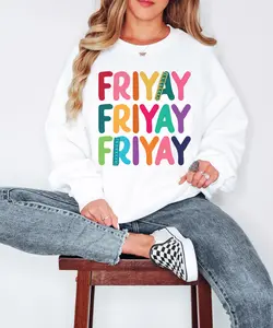 FRIYAY Adult Sweatshirt - Colorful Lettering & Ruler Details - Cozy Unisex Crewneck for Casual Fridays & Classroom Outfits - Gift for Teacher