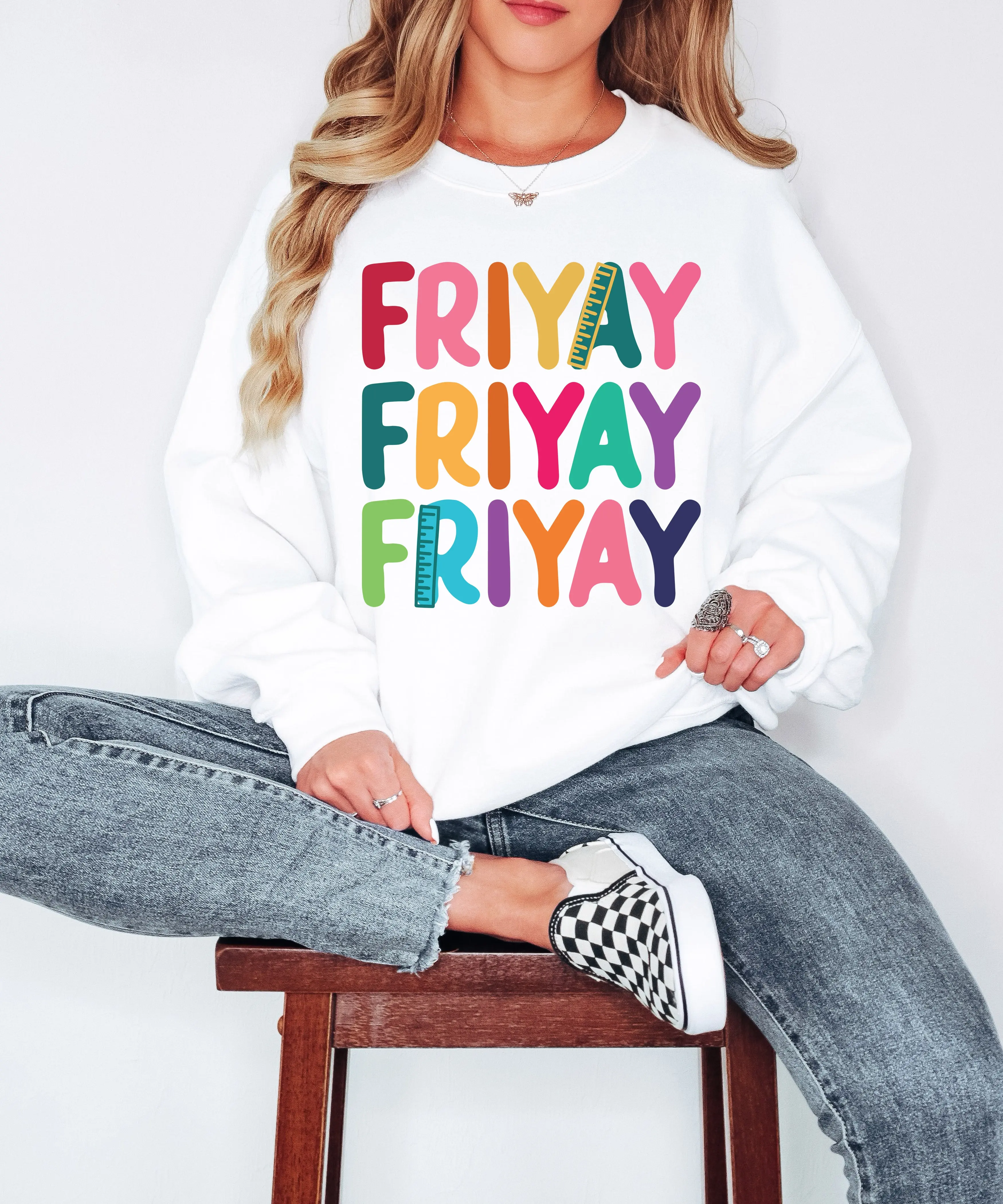 FRIYAY Adult Sweatshirt - Colorful Lettering & Ruler Details - Cozy Unisex Crewneck for Casual Fridays & Classroom Outfits - Gift for Teacher