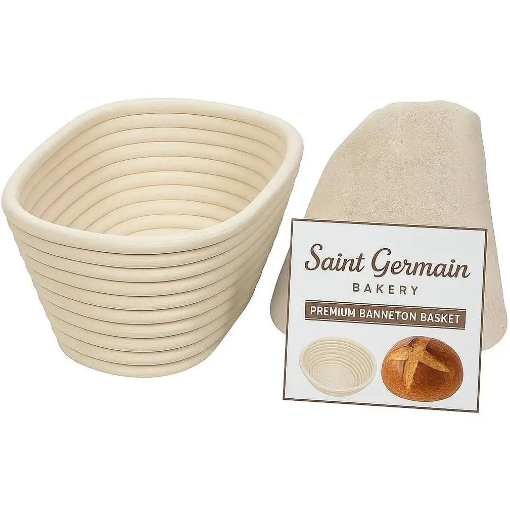 Saint Germain Bakery Premium Rattan Weave Bread Banneton Basket with Liner - 10 in Oval Bakeware Utensil for Effective Bread Proofing