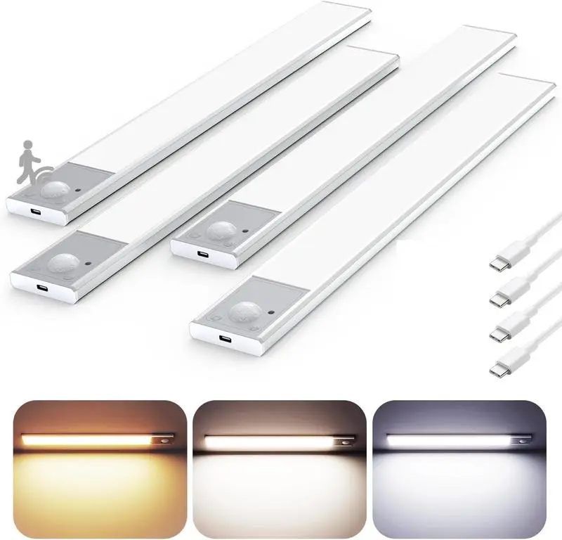 4PC Under Cabinet Lighting Motion Sensor Light Indoor USB Rechargeable Battery Operated with Magnetic Closet Kitchen Counter Motion Activated Auto Shut Off Eye Care Gradual Brightness 2 4 Pack Led Strip