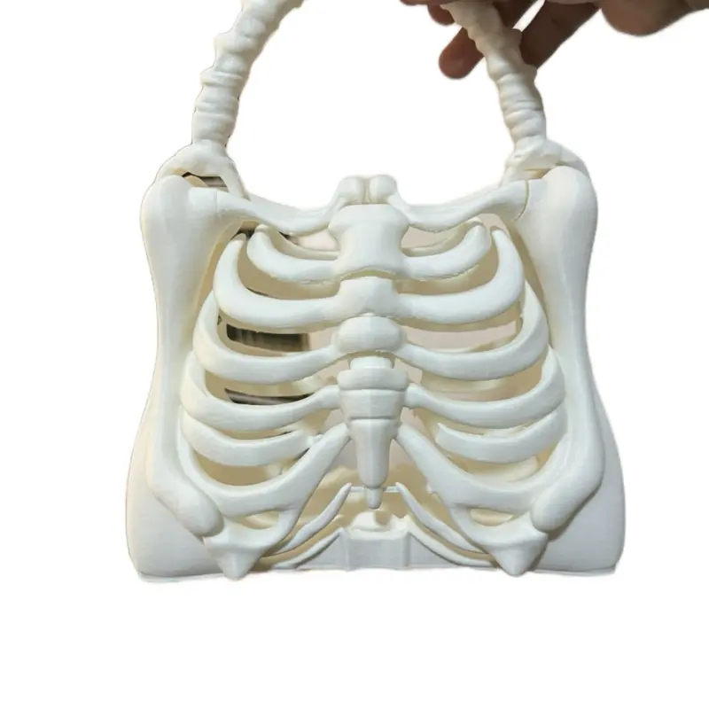 USA Brand 3D Printed Skull Handbag - Skeleton Rib Cage Gothic Purse, Bone Design Halloween Prop, Unique Versatile Macabre Charm, 9x11.5x4 Inches, White with Black Accents