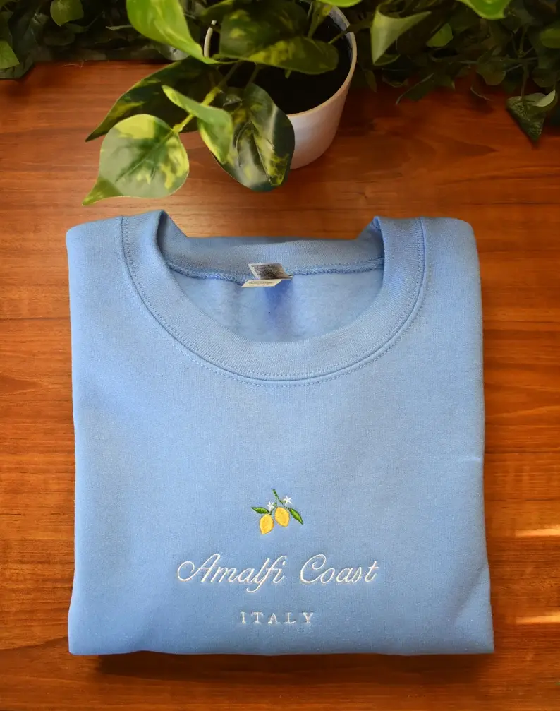 Amalfi Coast Italy Embroidered Crewneck Sweatshirt, Beachy Minimalist Sweater