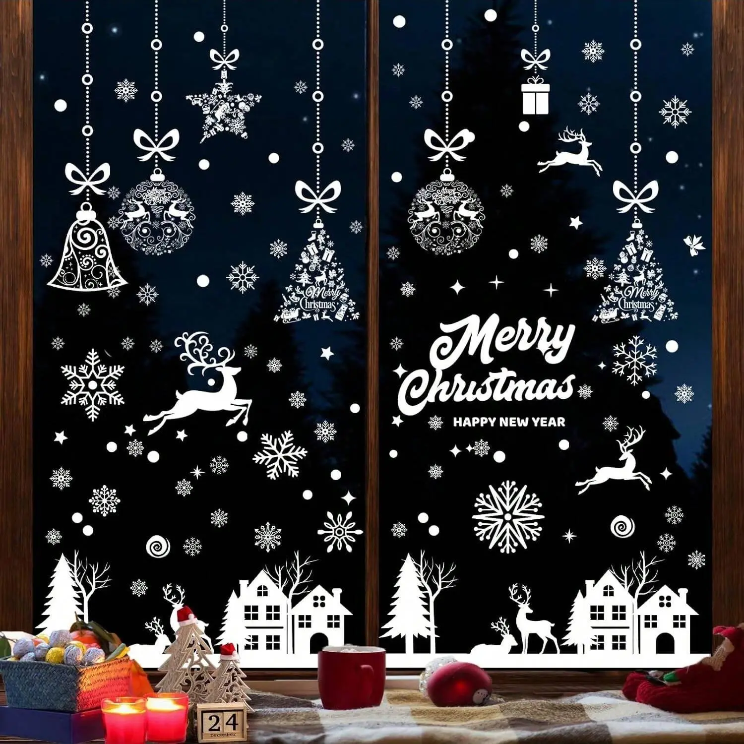 Christmas Decorations Set, Santa Claus Window Stickers, Snowflakes & Reindeer Fridge Magnets, Christmas Home Party Decor
