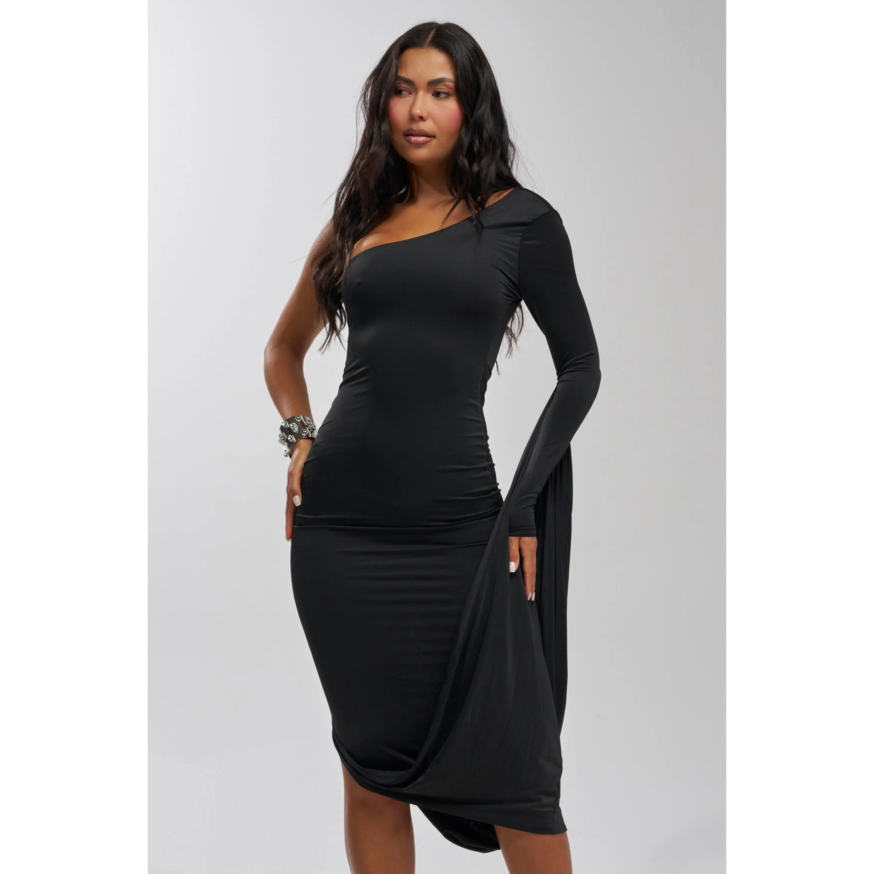 FOREVER FLIRTY ONE SHOULDER WINGED MIDI DRESS