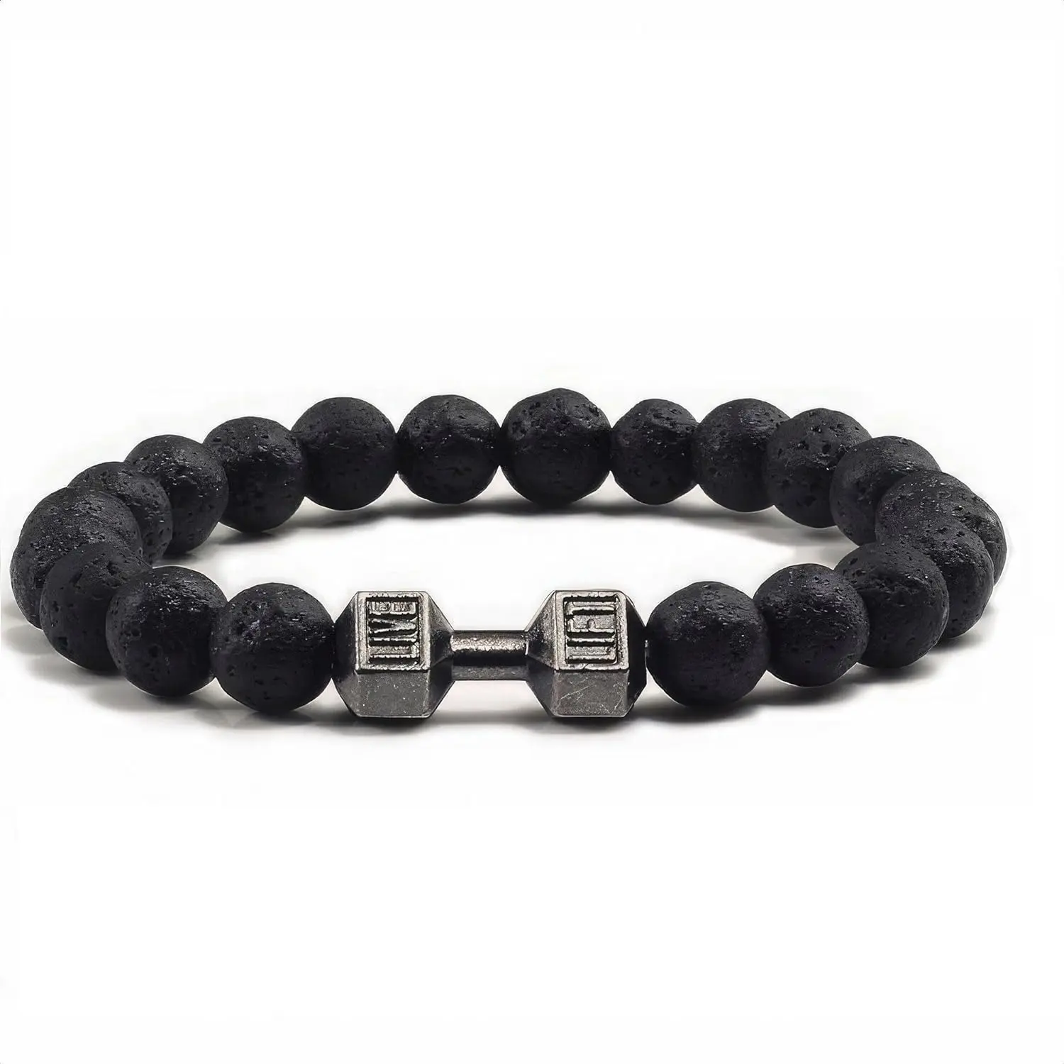 Mens Dumbbell Bracelet 8mm Natural Lava Rock Stone Beads - Aromatherapy Essential Oil Diffuser Stretch Bracelet for Men & Women - Weight Lifting Gym Fitness Jewelry Gift for Him
