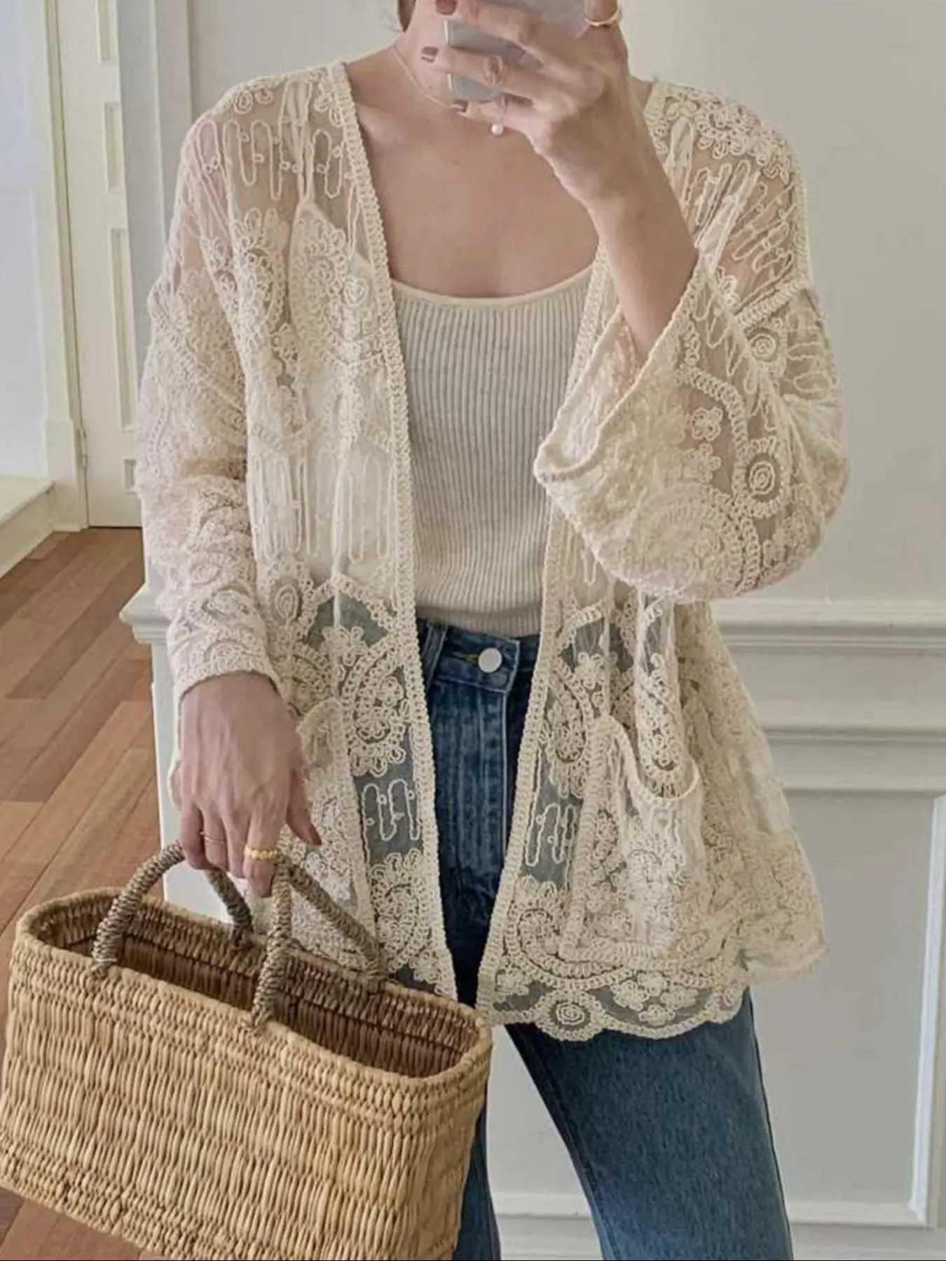 Women's Plain Lace Open Front Crochet Cardigan, Casual Long Sleeve Cover Up Top for Summer, Women's Knit Clothing for Daily Wear, Knitwear