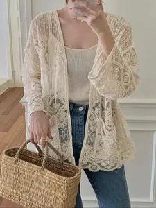 Women's Plain Lace Open Front Crochet Cardigan, Casual Long Sleeve Cover Up Top for Summer, Women's Knit Clothing for Daily Wear, Knitwear