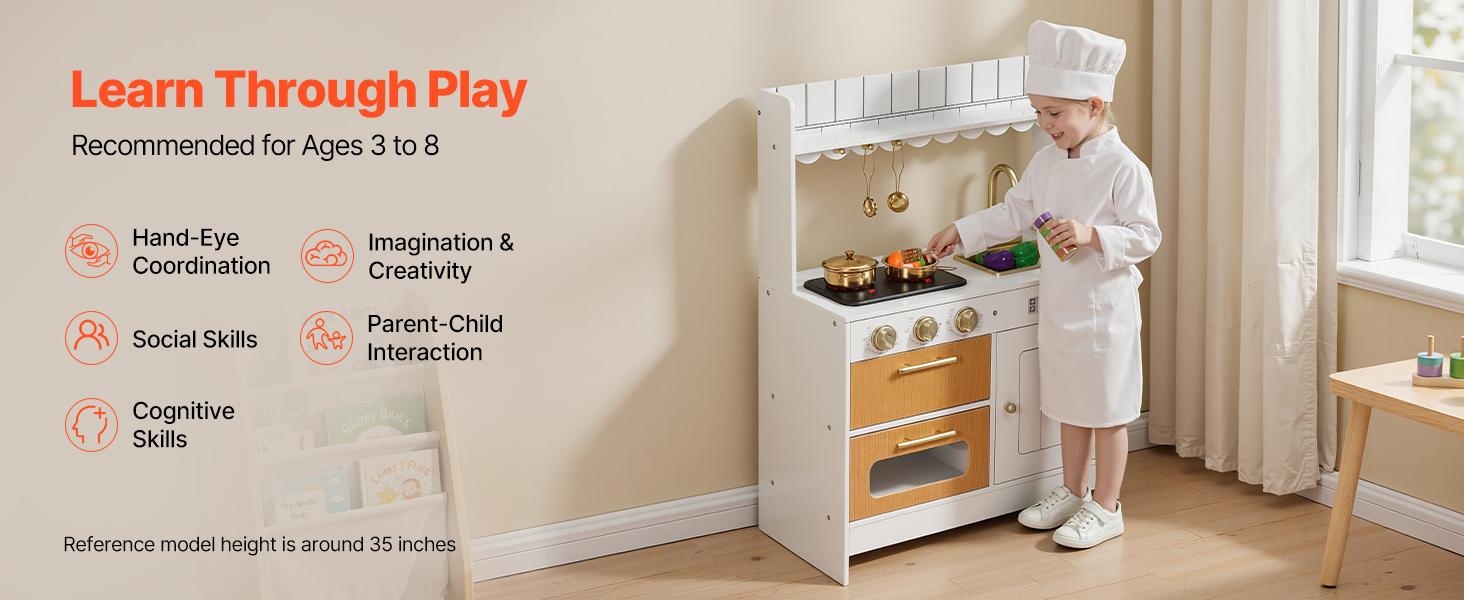 VEVOR Play Kitchen for Kids, Wooden, Kids Kitchen Playset with Real Lights & Sounds, Food & Cookware Accessories, Pretend Play Toy Set, Sink, Oven, Stove, Cabinet, for Toddlers, Girls & Boys Ages 3-8