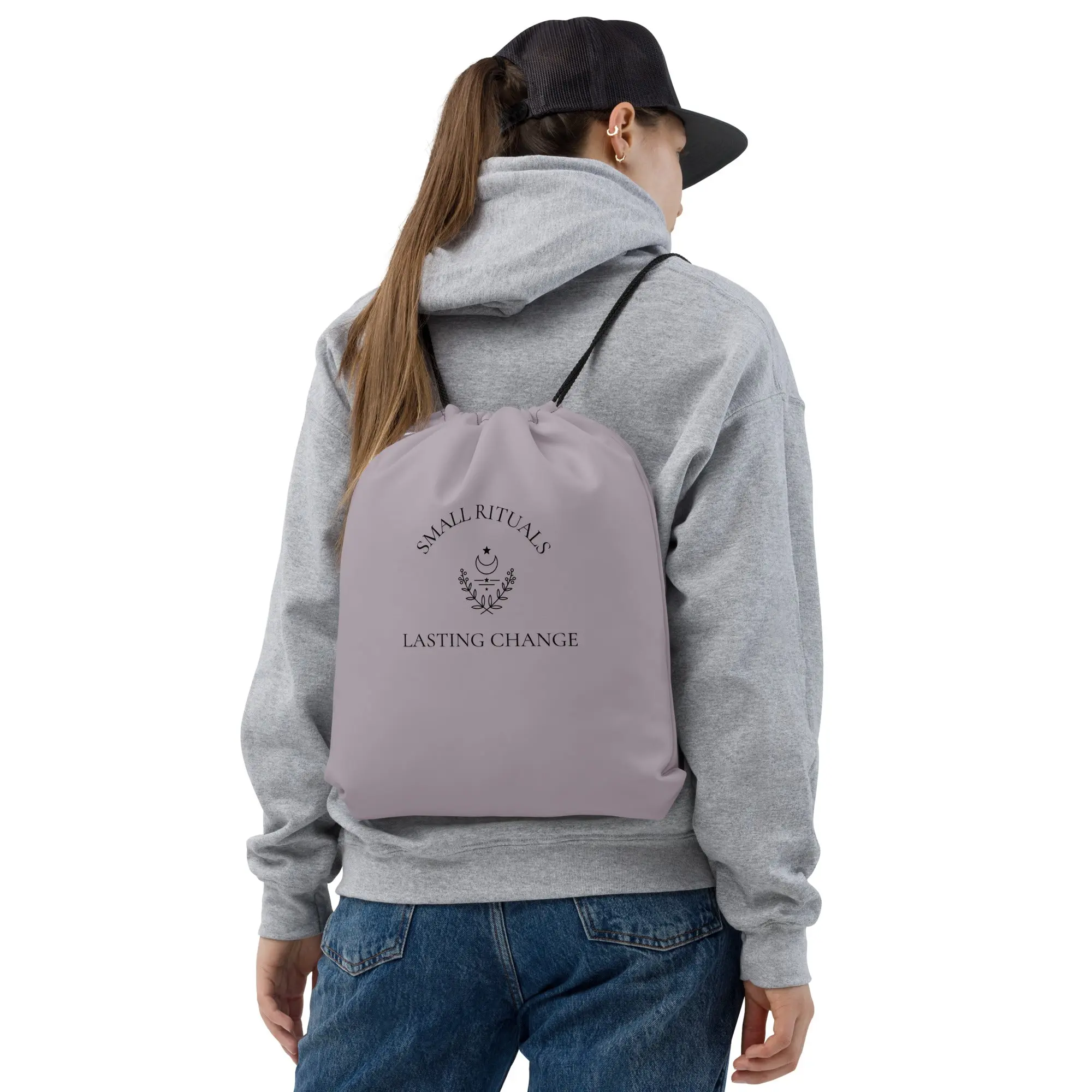 Small Rituals, Lasting Change Drawstring Backpack | Minimal Everyday Gym Bag