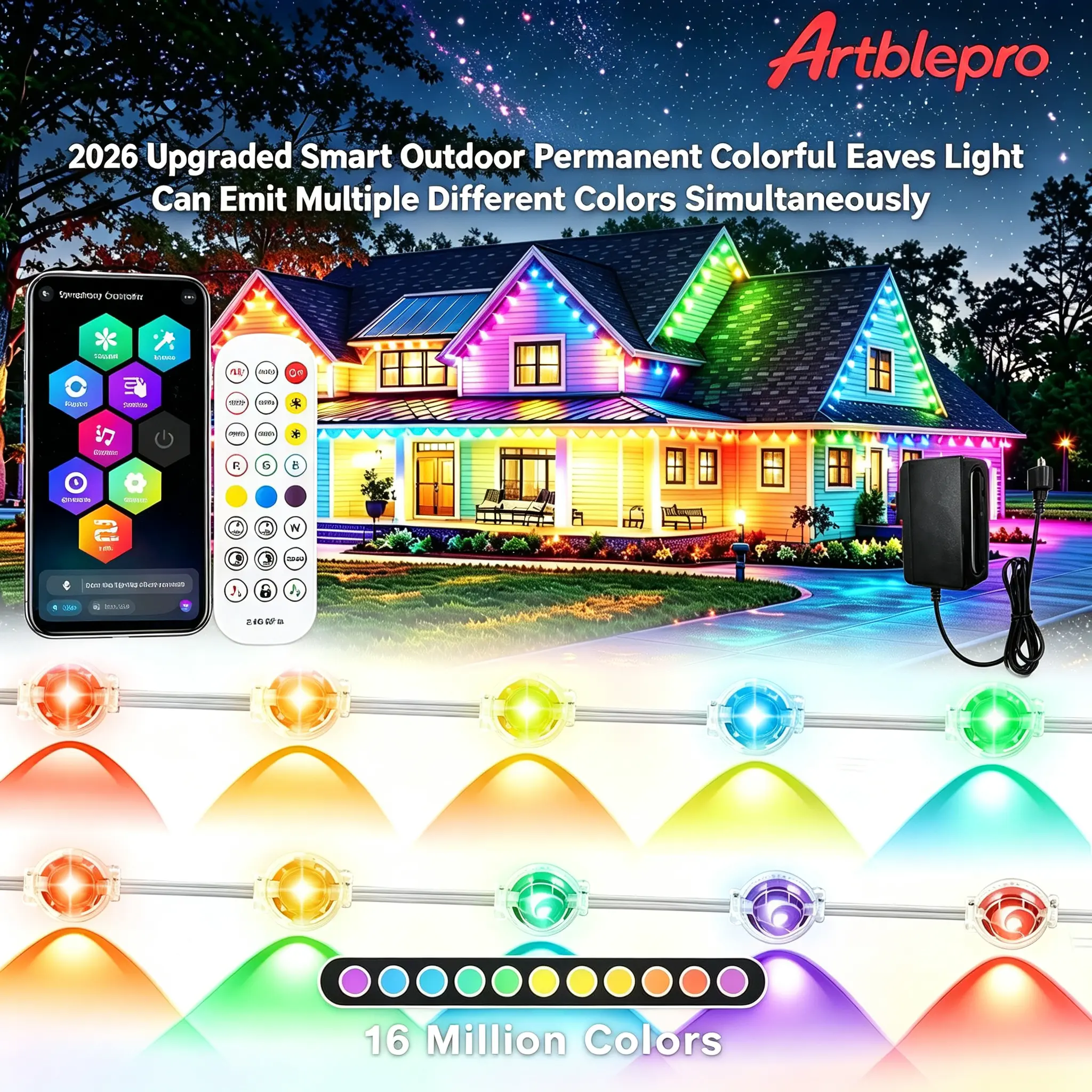 Artblepro 2026 Upgraded RGBIC Smart Permanent Outdoor Eaves Lights, APP Remote & Voice Control, DIY Individual Colors, IP67 Waterproof, Music Sync, 16M Color Exterior Holiday Decor for Patio Roof