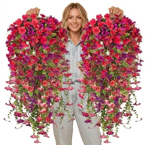 2 Pcs Fake Hibiscus Flowers Artificial Hanging Flowers Plants Outdoors Realistic UV Resistant Spring Summer Decor Red Pink Silk Faux Hibiscus Flower Trailing Vines for Front Door Porch Outside Peonies
