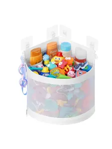 Bathtub Toy Storage Net Bag, Corner Hanging Shower Organizer Rack with 4 Adhesive Hooks, Large Capacity Bath Toy Holder for All Seasons, Bathroom Storage, Organizer Storage Supplies