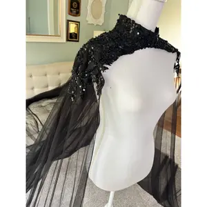 Eclipse Black Bridal Cape With Beadings, Cape Veil in Black , Black Cape Veil With Beadings