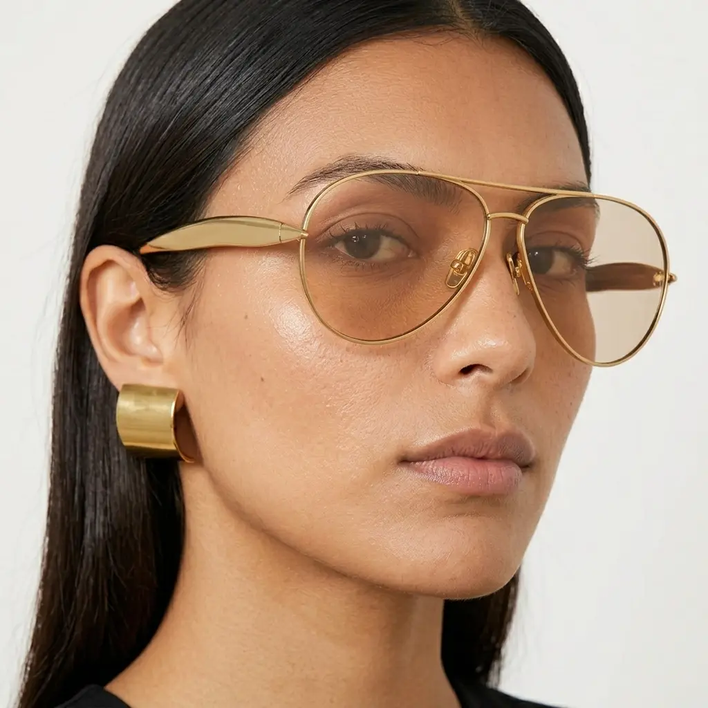 Women's Minimalist Slim Metal Aviator Sunglasses, Champagne Orange Lenses, Thin Curved Temples, Elegant Outdoor Eyewear