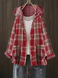 Plus Size Women's Plaid Hooded Woven Fitted Shirt, Womenswear, Casual Long Sleeve Button Front Top, Fall & Winter Fashion, Comfortable Fit, Trendy Design