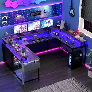 Gray Versatile U-Shaped Computer Desk with Power Outlets & RGB LED Lights – 78-Inch Reversible L-Shaped Office Desk with Monitor Stand & Ample Storage for Gaming and Work