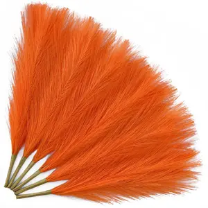 Orange Pampas Grass 6Pcs, 17.7" Pampas Grass Stems Fall Vibe Home Decor, Artificial Flower Pampas Grass Bobo Home Kitchen Table Centerpieces, Pampas DIY Floral Arrangements