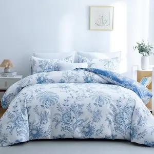 Duvet Cover Twin Size, Flower Kids Duvet Cover with Pillow Shams, Soft Floral Bedding Set White and Blue for All Season, Breathable, Zipper Closure