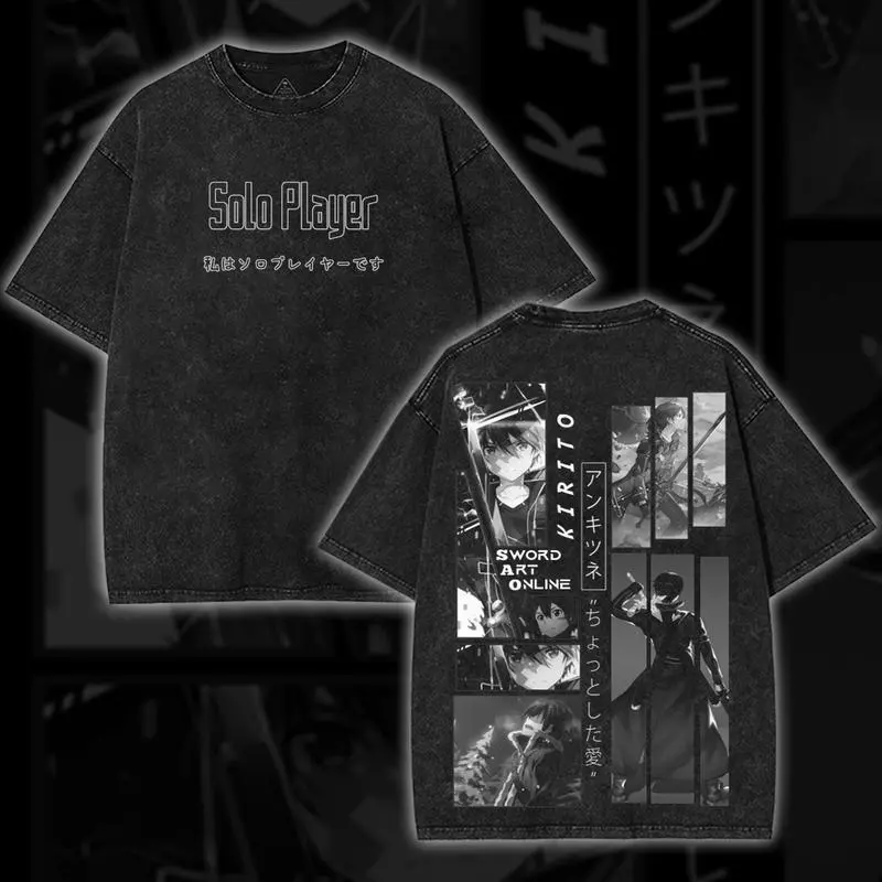 Sword Art Online Kirito x Asuna Loving Japanese Retro Vintage Unisex Oversized Anime Graphic Tee –  Y2K Acid Double Printed Cotton , Streetwear Casual Apparel Top, Outfits for Men trendy  unhinged shirt fight spirit print menswear
