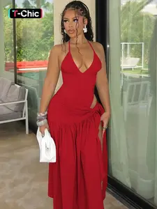 Women's Two-piece Set, Clothes, Womenswear, Solid Color V Tie Neck Halter Bodysuit Top & Bodycon Knotted Side Split Skirt Sets, Backless Sleeveless Body Suit Tops with Ruched Slit Midi Skirts Suits, Ladies Summer Fashion Casual Outfits for Party Daily