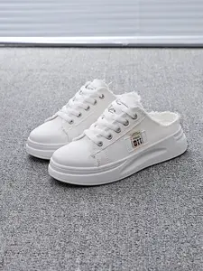 Women's Canvas Slip-On Mules, Light Blue//, No-Heel Lazy Design, Denim/fabric Edge Patch Decor, Thick Sole Height Increase, Flat