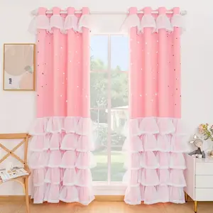 1pc Grommet Top Princess-Style Double-Layer Blackout Curtain - Sheer+Blackout 2-in-1, 3D Gold Embroidery, Quick Grommet Installation, Easy Install Curtain, Fits Princess Room/Girl’s Bedroom/Living Room