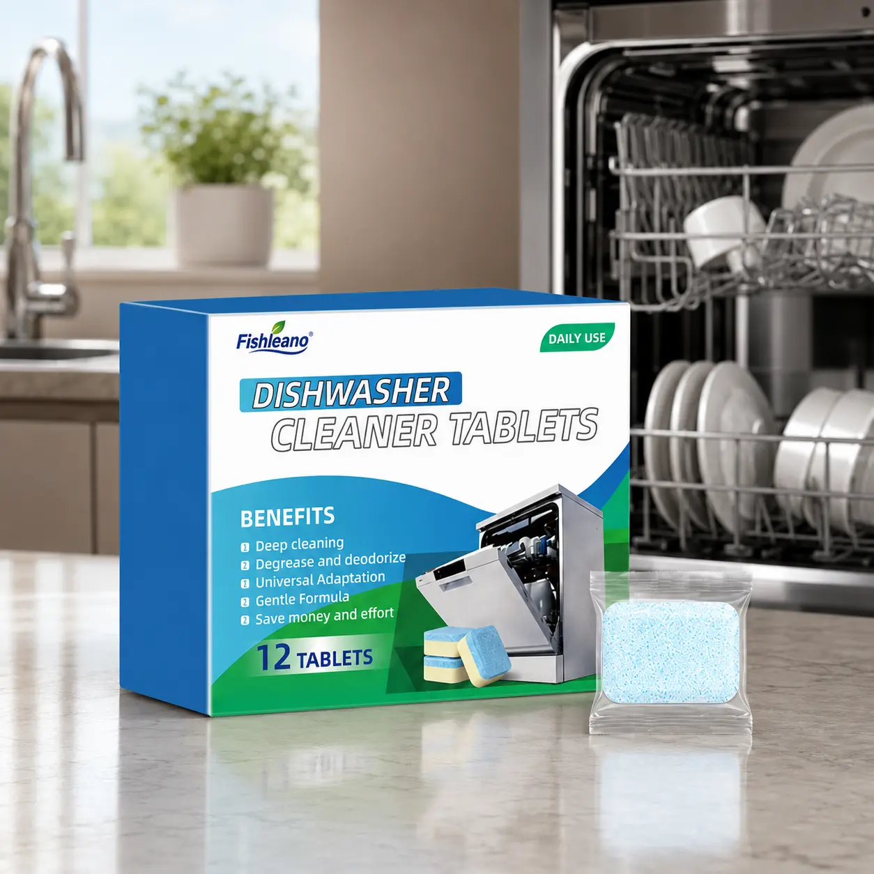 Fishleano Dishwasher Cleaner Tablets - 12 Count Pressed Powder, Non-Toxic Nickel-Free Earth-Friendly Formula, Cleans Internal Components, Removes Limescale, Eliminates Odors, Easy to Use
