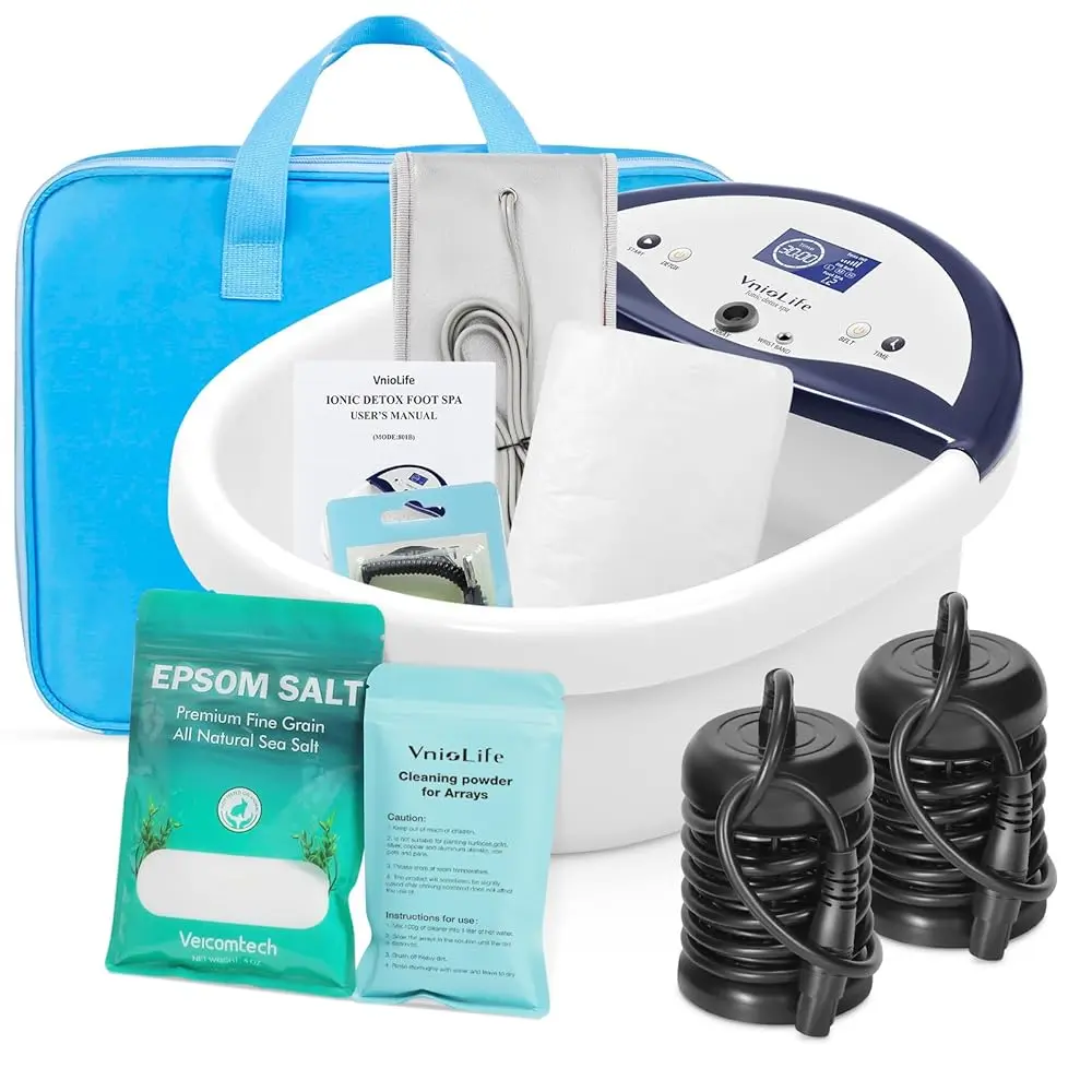 Ionic Foot Bath Detox Machine Kit Set (17 x 13 x 6 in, 6.88 lbs) with Basin Container, LED Display, Heated Belt, Wrist Strap, 2 Arrays, Sea Salt, 10 Liners, Portable Handbag, Cleanse Tool – Beauty & Personal Care Massage Appliance, Great Gift for Family