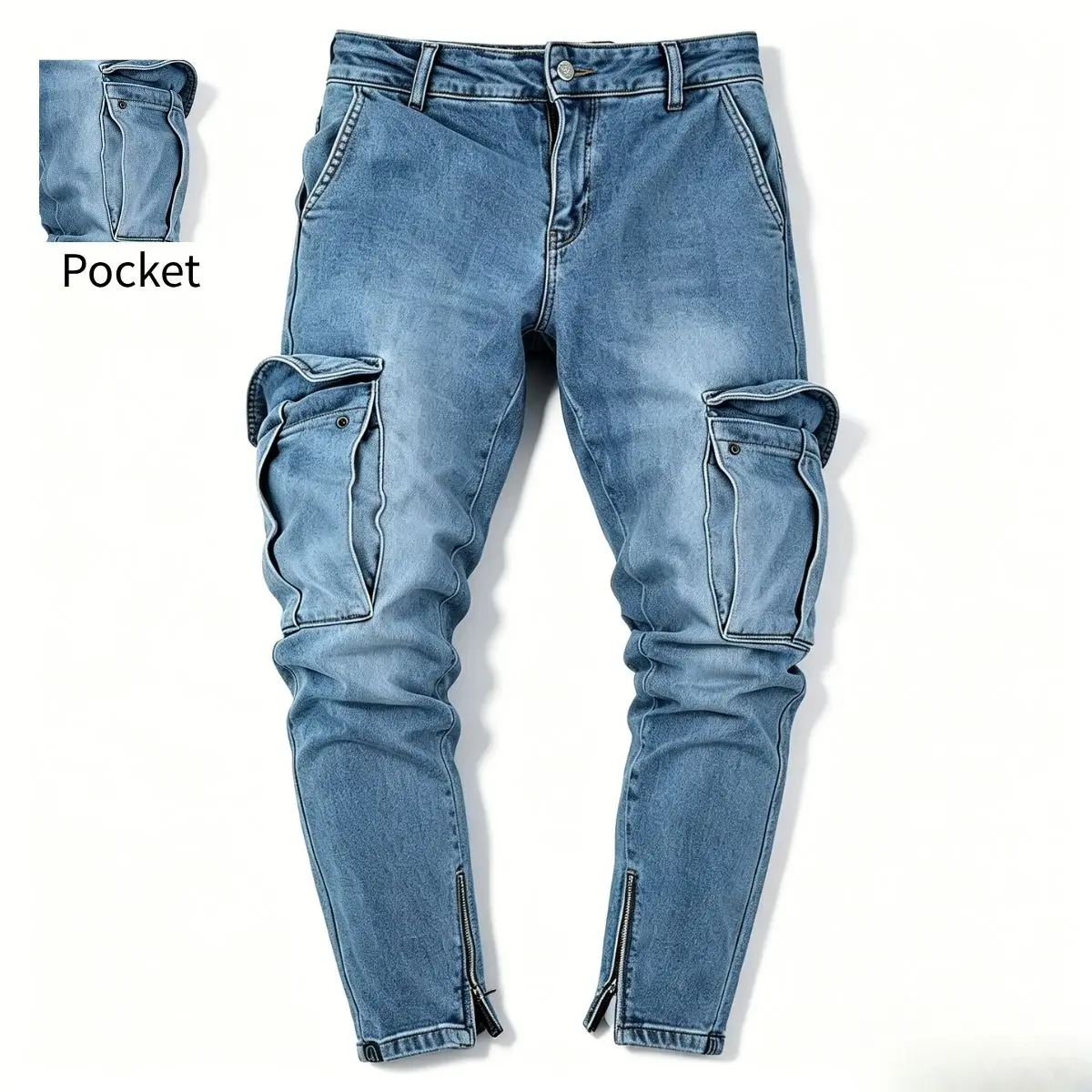 Men’s Slim-Fit Full Length Cargo Jeans - Skinny Denim Pants with Portable Utility Pockets, Hem Zipper, Casual Streetwear Menswear, Cargo Skinny Men's Pants Blue