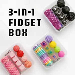 3-in-1 Fidget Box | Pain Stim Fidget Toy & Glowing Keyboard Clicker & Stress-Relieving Magnetic Balls, 3D Printed Spiky Grippie Stim Keychain, LED Light Keyboard, 3-in-one Finger Spinner Toys Sensory EDC Gift for Student Office Friends ADHD relief