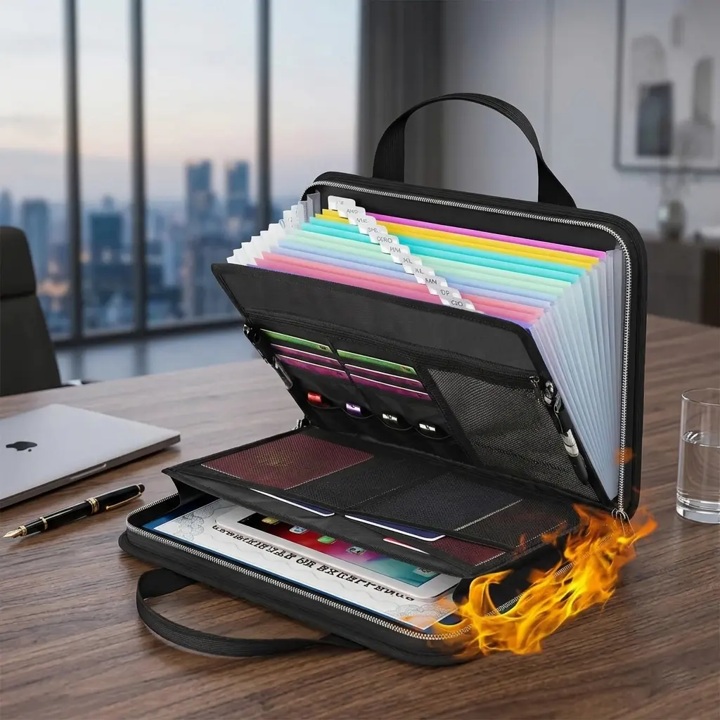 Fireproof Expanding File Organizer and Document Bag, Large-Capacity Accordion Multi-Pocket Folder with Handle for A4 Paper Storage