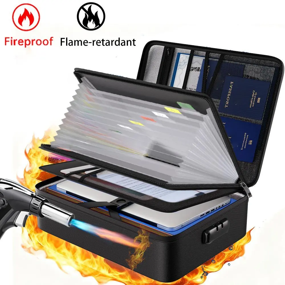 Fireproof File Organizer Bag with 13 Colorful Pockets, Accordion Folder, 5200℉ Lockable Document Storage Box with Labels, Multi-Layer Portable Home Safe for Important Documents & Files