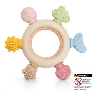 Baby Soothing Teether with 6 Different Textures, Newborn Infant Sensory Teether, Silicone Teething Relief Toy for Hand-eye Coordination, Baby Teether Ring for Gifts
