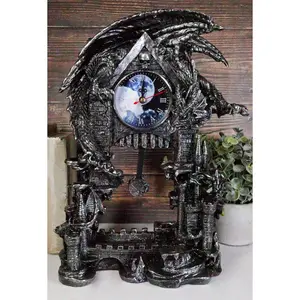 Large Gothic Smaug Dragon Overlord Guarding Castle Pendulum Table Clock Statue