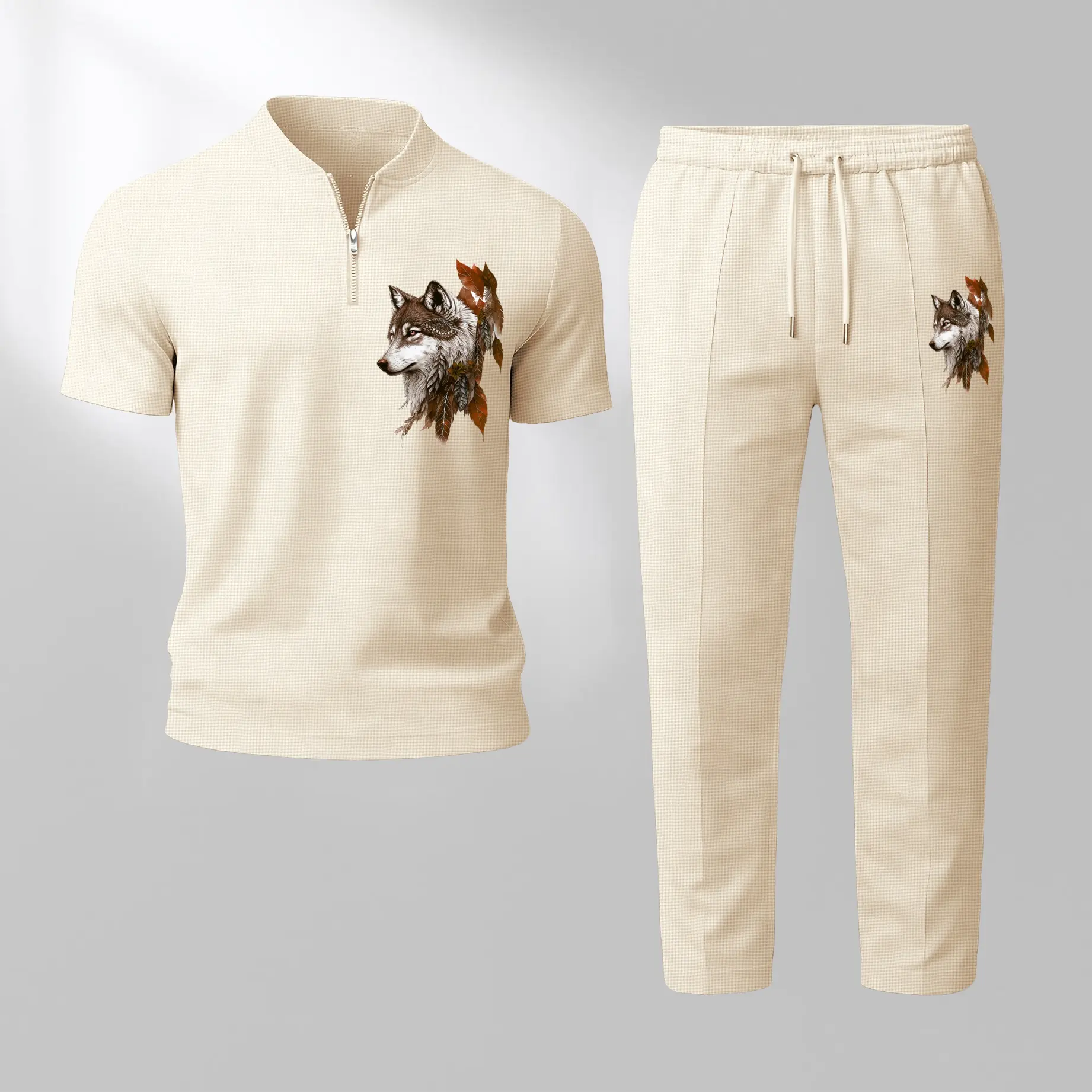 Men’s Wolf Print Zip Henley Collar Short Sleeve and Long Pants Two Piece Set Made with Waffle Knit Fabric Breathable Soft Texture Loose Fit for Casual Everyday Wear