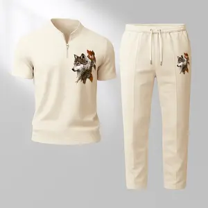 Men’s Wolf Print Zip Henley Collar Short Sleeve and Long Pants Two Piece Set Made with Waffle Knit Fabric Breathable Soft Texture Loose Fit for Casual Everyday Wear